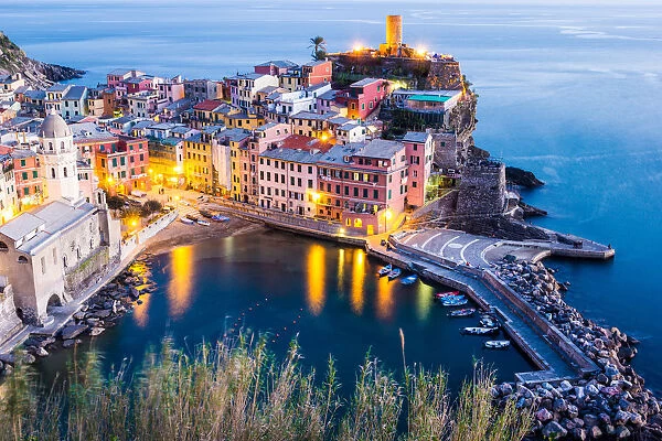 Vernazza, Cinque Terre, Liguria, Italy. Sunset over the town, view from a vantage point