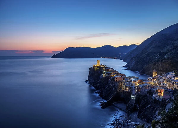 Vernazza at dusk, elevated view, Cinque Terre, UNESCO World Heritage Site, Liguria, Italy