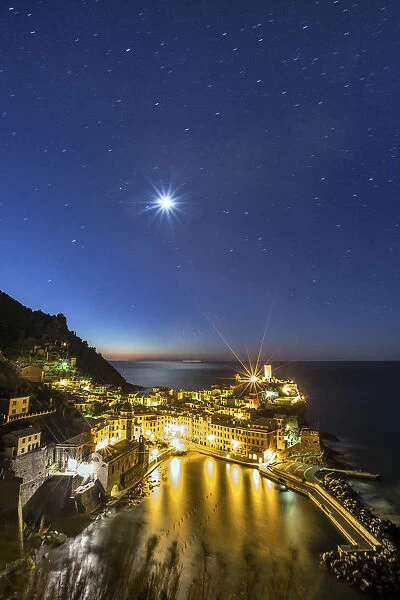 Vernazza under the moonlight in a starry winter night, Cinque Terre National Parc