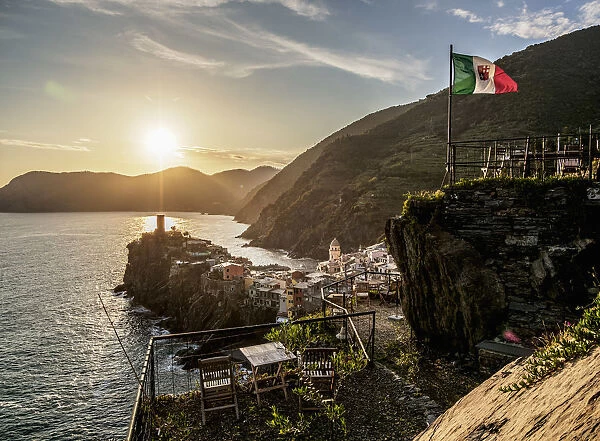 Vernazza at sunset, elevated view, Cinque Terre, UNESCO World Heritage Site, Liguria