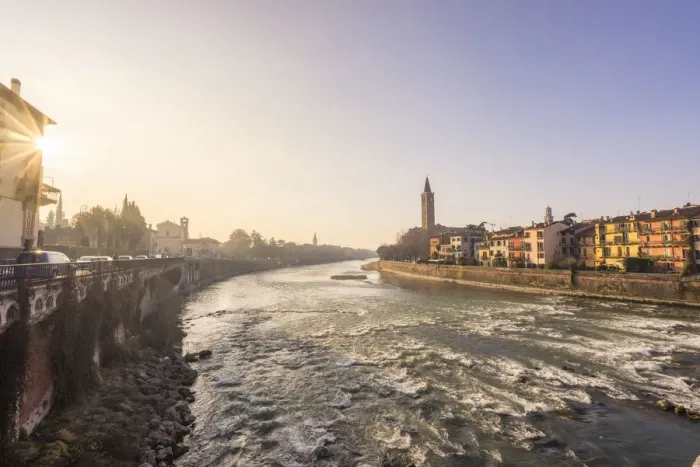 Framed Print : Verona, Italy, Europe. Sunrise from Ponte Pietra with Adige river Framed Print : Verona, Italy, Europe. Sunrise from Ponte Pietra with Adige river