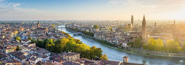 Verona, Veneto, Italy. High angle panoramic view of the old town and the Adige river