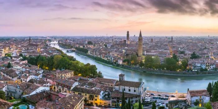Framed Print : Verona, Veneto, Italy. High angle panoramic view of the old town and the Adige river Framed Print : Verona, Veneto, Italy. High angle panoramic view of the old town and the Adige river