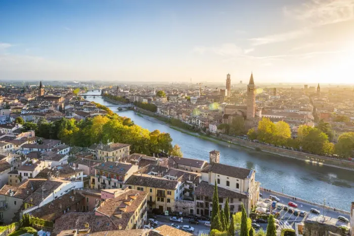 Framed Print : Verona, Veneto, Italy. High angle view of the old town and the Adige river at sunset Framed Print : Verona, Veneto, Italy. High angle view of the old town and the Adige river at sunset