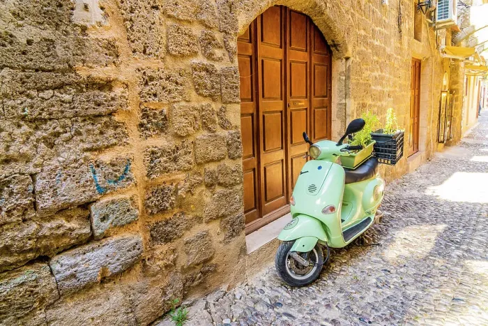 Framed Print : A vespa in the medieval city of Rhodes, UNESCO, Rhodes, Dodecanese Islands, Greece Framed Print : A vespa in the medieval city of Rhodes, UNESCO, Rhodes, Dodecanese Islands, Greece