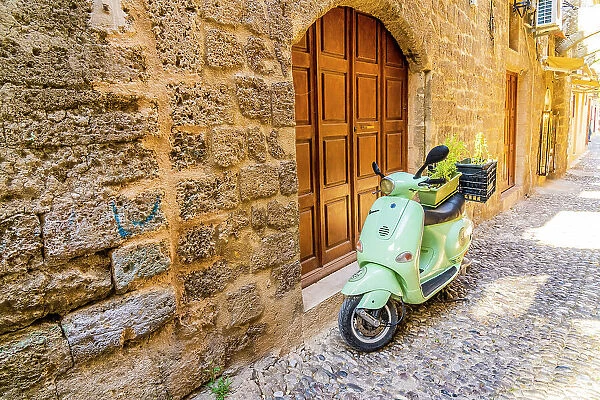 A vespa in the medieval city of Rhodes, UNESCO, Rhodes, Dodecanese Islands, Greece