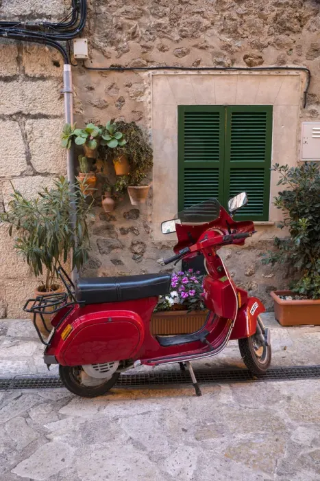 Framed Print : Vespa in the street in Valldemossa, Serra de Tramuntana, Mallorca (Majorca), Balearic Framed Print : Vespa in the street in Valldemossa, Serra de Tramuntana, Mallorca (Majorca), Balearic
