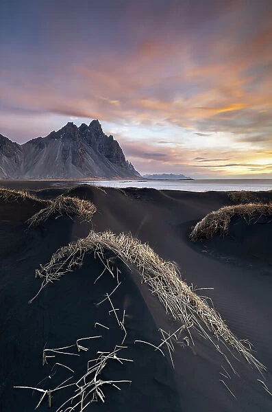 Vestrahorn and black sand at sunrise, Stokksnes peninsula, Hofn, Austurland, Iceland