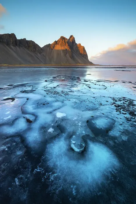 Framed Print : Vestrahorn and frozen black sand at sunset, Stokksnes peninsula, Hofn, Austurland, Iceland Framed Print : Vestrahorn and frozen black sand at sunset, Stokksnes peninsula, Hofn, Austurland, Iceland