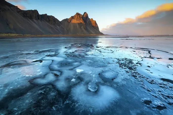 Framed Print : Vestrahorn and frozen black sand at sunset, Stokksnes peninsula, Hofn, Austurland, Iceland Framed Print : Vestrahorn and frozen black sand at sunset, Stokksnes peninsula, Hofn, Austurland, Iceland