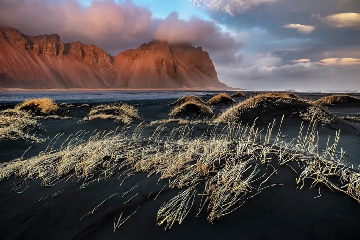 Framed Print : Vestrahorn mountain bathed in evening light, from the blaxck sand dunes, Stokksnes, Southeast Iceland Framed Print : Vestrahorn mountain bathed in evening light, from the blaxck sand dunes, Stokksnes, Southeast Iceland
