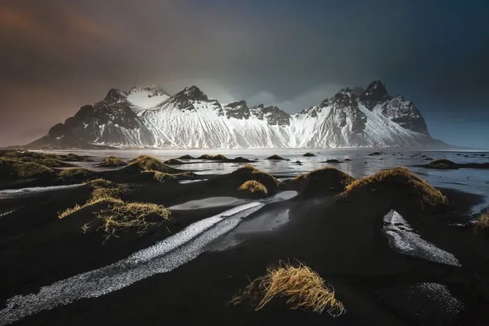 Framed Print : Vestrahorn mountain from Stokksness at sunrise, after a heavy storm in early winter Framed Print : Vestrahorn mountain from Stokksness at sunrise, after a heavy storm in early winter