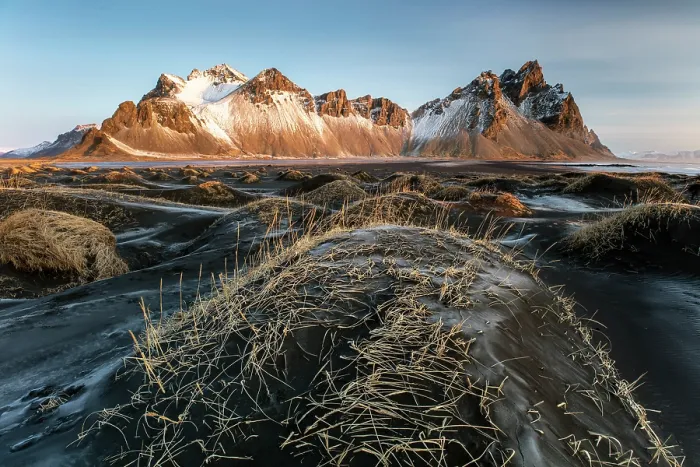 Framed Print : Vestrahorn mountain in winter, from the grassy black sand dunes.. Stokksnes, Southeast Iceland Framed Print : Vestrahorn mountain in winter, from the grassy black sand dunes.. Stokksnes, Southeast Iceland
