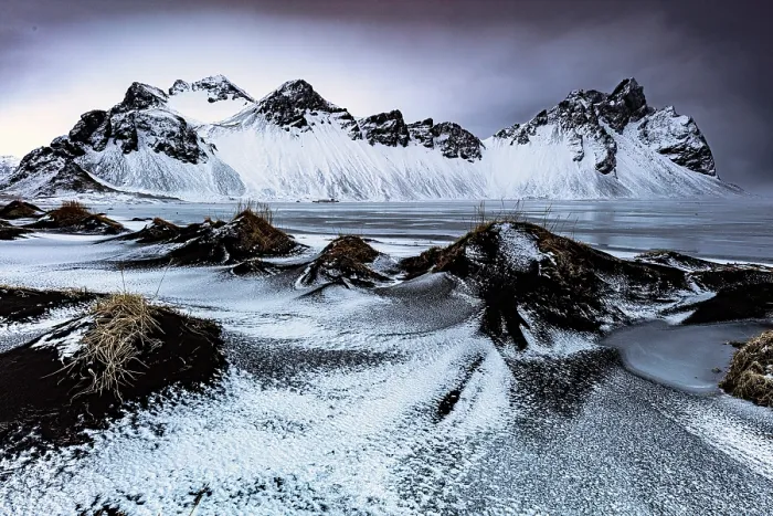 Framed Print : Vestrahorn mountain in winter, from the grassy black sand dunes covered in ice and snow. Stokksnes, Southeast Iceland Framed Print : Vestrahorn mountain in winter, from the grassy black sand dunes covered in ice and snow. Stokksnes, Southeast Iceland