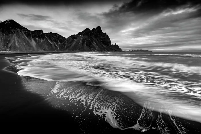 Framed Print : Vestrahorn mountain in winter, with waves washing up the black sand beach. Stokksnes, Southeast Iceland Framed Print : Vestrahorn mountain in winter, with waves washing up the black sand beach. Stokksnes, Southeast Iceland