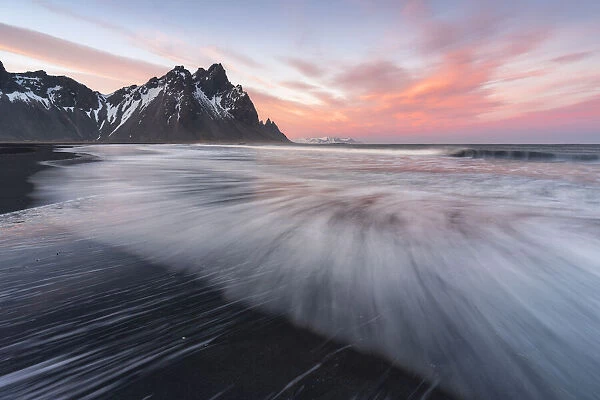 Vestrahorn and waves at sunset, Stokksnes peninsula, Hofn, Austurland, Iceland