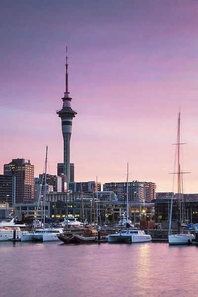 Viaduct Harbour and Sky Tower at sunset, Auckland, North Island, New Zealand