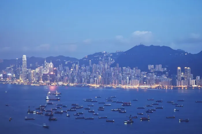 Framed Print : Victoria Harbour and Hong Kong Island at dusk, Hong Kong, China Framed Print : Victoria Harbour and Hong Kong Island at dusk, Hong Kong, China
