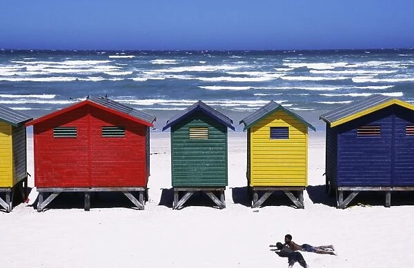 Victorian-style bathing boxes on the beach