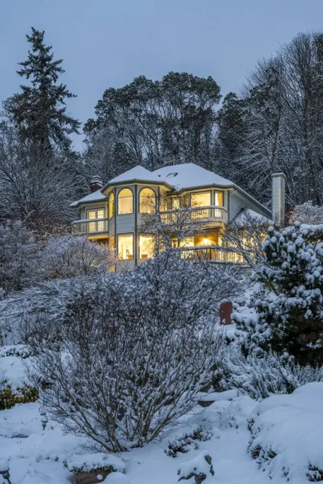 Framed Print : Victorian style lighted house framed in a snowy landscape, Bremerton, Washington, USA Framed Print : Victorian style lighted house framed in a snowy landscape, Bremerton, Washington, USA