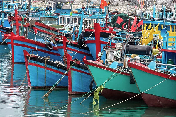 Vietnam, Cam Ranh, blue and green fishing boats