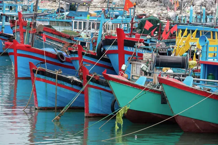 Framed Print : Vietnam, Cam Ranh, blue and green fishing boats