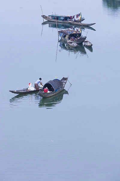 Vietnam, DMZ Area, Quang Tri Province, elevated view of boats on the Cam Lo River