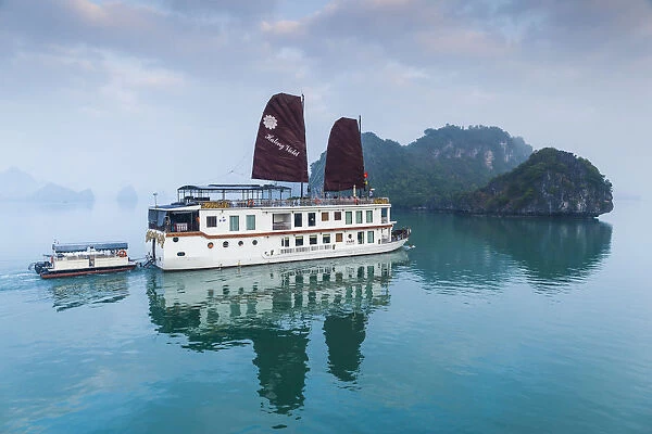 Vietnam, Halong Bay, tourist boats, dawn