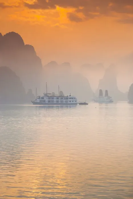 Framed Print : Vietnam, Halong Bay, tourist boats, sunrise Framed Print : Vietnam, Halong Bay, tourist boats, sunrise