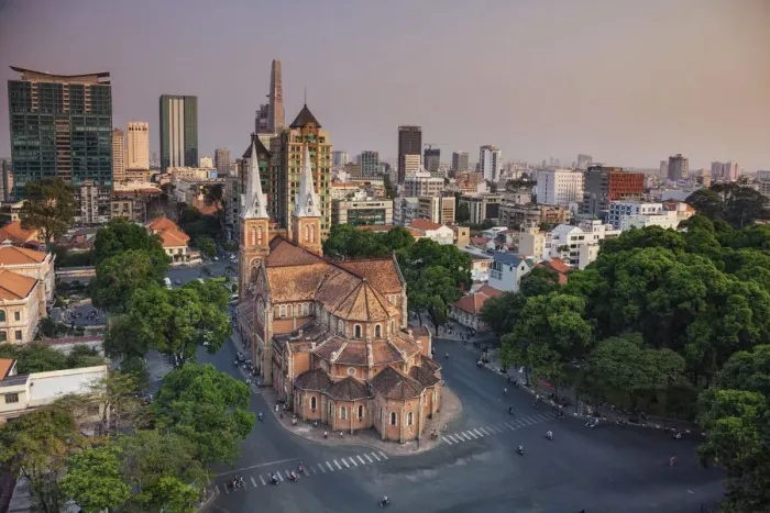 Framed Print : Vietnam, Ho Chi Minh City (Saigon), Notre Dame Cathedral and city skyline Framed Print : Vietnam, Ho Chi Minh City (Saigon), Notre Dame Cathedral and city skyline