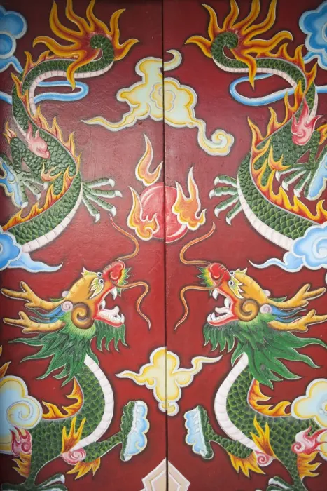 Framed Print : Vietnam, Hoi An, Chinese Temple Door, Dragon Motif Framed Print : Vietnam, Hoi An, Chinese Temple Door, Dragon Motif