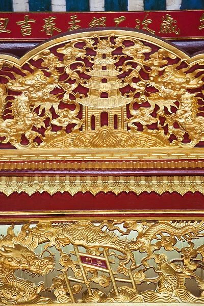 Vietnam, Hoi An, Phuc Kien Assembly Hall, Panel Detail showing Pagoda and Dragons
