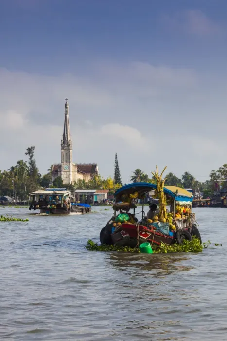 Framed Print : Vietnam, Mekong Delta, Cai Be, Cai Be Floating Market, with view of the Catholic Cathedral