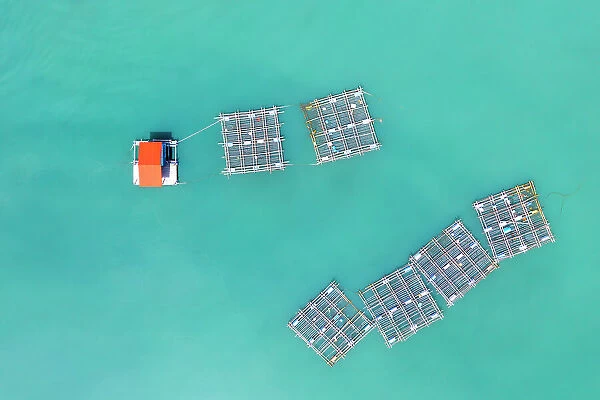 Vietnam, Phu Yen, an aerial view of rafts used for fishing, float in a lagoon near Phu Yen