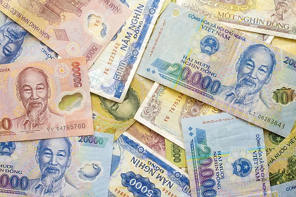 Vietnamese Dong currency, various denominations of paper banknotes, money