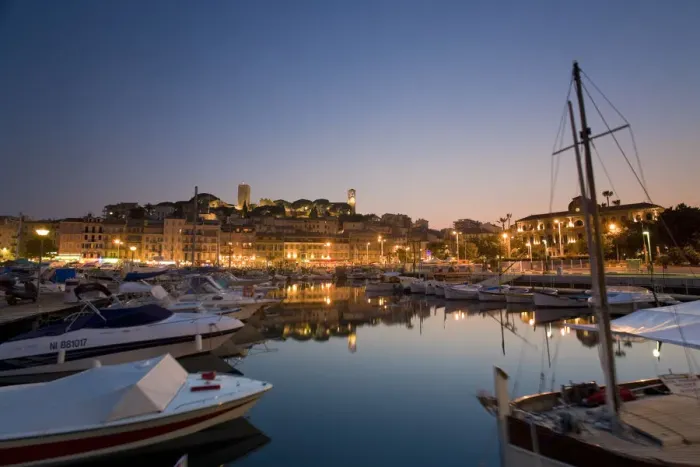 Framed Print : Vieux Port (Old Harbour) and old quarter of Le Suquet, dusk, Cannes, Cote D Azur Framed Print : Vieux Port (Old Harbour) and old quarter of Le Suquet, dusk, Cannes, Cote D Azur