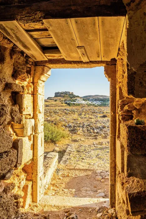 Framed Print : A view of the Acropolis of Lindos through an old windmill, Lindos, Rhodes, Dodecanese Islands, Greece Framed Print : A view of the Acropolis of Lindos through an old windmill, Lindos, Rhodes, Dodecanese Islands, Greece