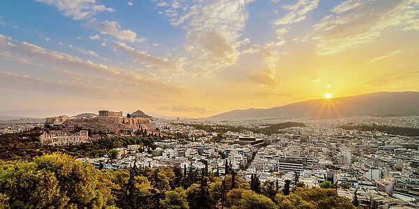View towards Acropolis at sunrise, Athens, Attica, Greece