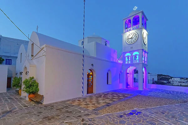 View Agios Spiridon church at night, Triovasalos village, Milos island, Cyclades, Greece