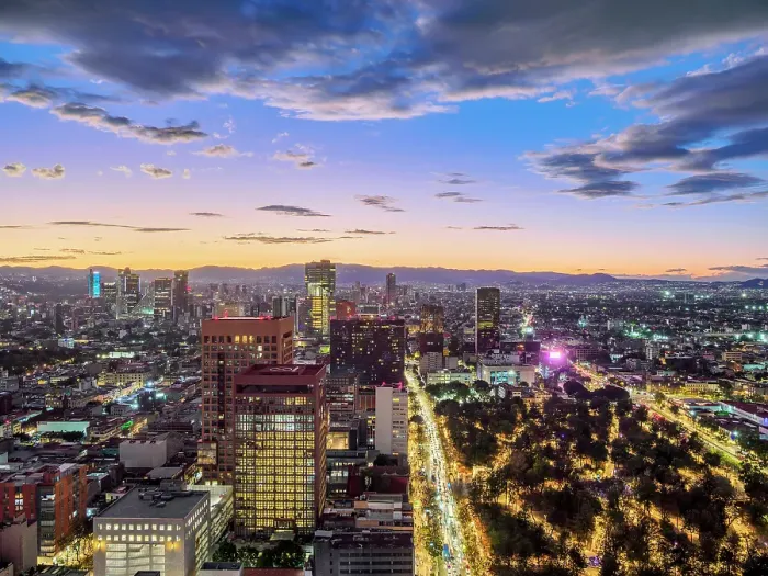 Framed Print : View over Alameda Central towards High-rise buildings of Paseo de la Reforma at dusk, Mexico City, Mexico Framed Print : View over Alameda Central towards High-rise buildings of Paseo de la Reforma at dusk, Mexico City, Mexico