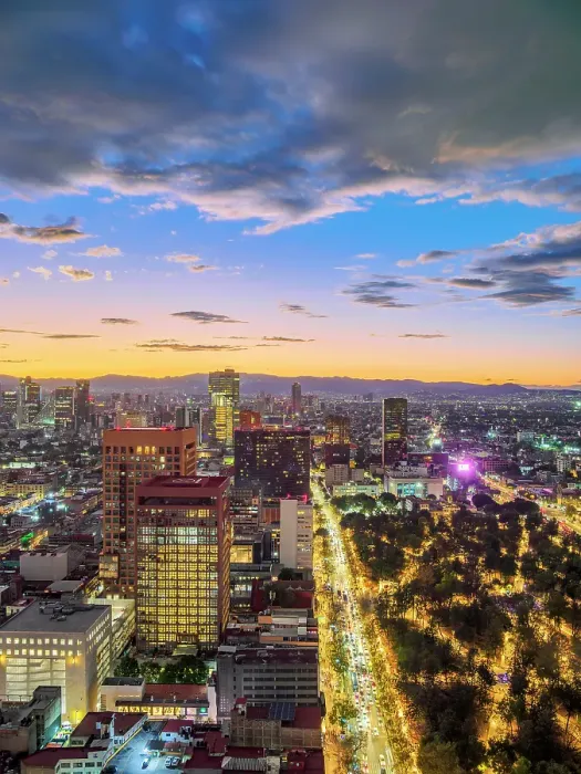 Framed Print : View over Alameda Central towards High-rise buildings of Paseo de la Reforma at dusk, Mexico City, Mexico Framed Print : View over Alameda Central towards High-rise buildings of Paseo de la Reforma at dusk, Mexico City, Mexico