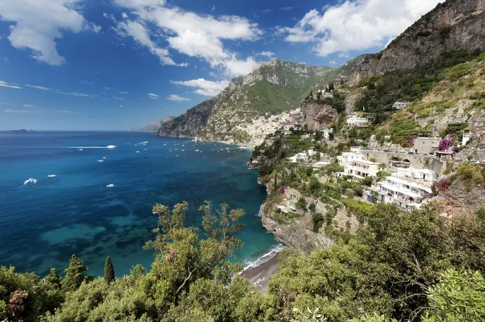 Framed Print : View along the Amalfi Coast with Positano in the distance, Salerno Province, Campania, Italy Framed Print : View along the Amalfi Coast with Positano in the distance, Salerno Province, Campania, Italy