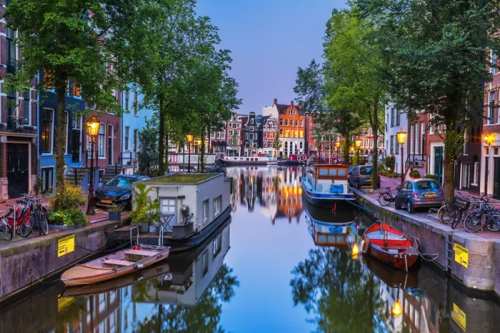 Framed Print : View of the Amsterdam water canal and the typical houses at dusk, Holland  /  Netherlands
