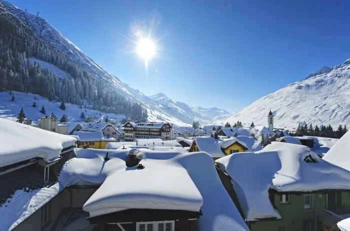 Framed Print : View on Andermatt in winter, Canton Uri, Switzerland Framed Print : View on Andermatt in winter, Canton Uri, Switzerland