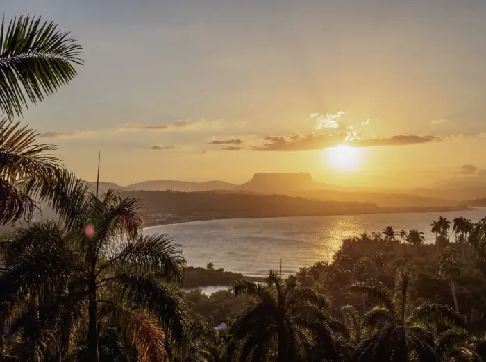 Framed Print : View over Bahia de Miel towards city and El Yunque Mountain, sunset, Baracoa Framed Print : View over Bahia de Miel towards city and El Yunque Mountain, sunset, Baracoa