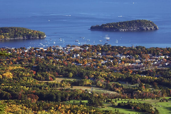 View over Bar Harbor in Autumn, Acadia National Park, Maine, USA