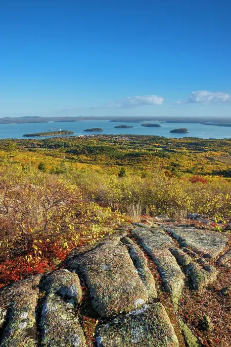 Framed Print : View towards Bar Harbour, Cadillac Mountain, Mount Desert Island, Acadia National Park, Maine, United States