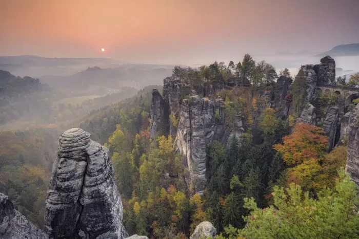 Framed Print : View of the Bastei, Elbe Sandstone Mountains, National Park Saxon Switzerland, Saxony