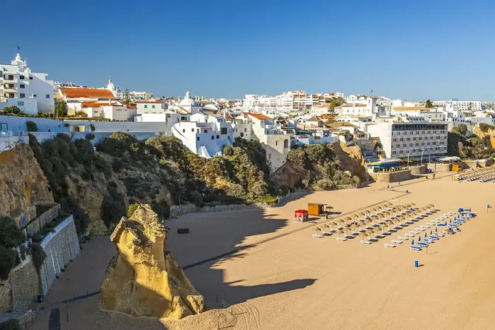 Framed Print : View over the beach in Albufeira, Algarve, Portugal