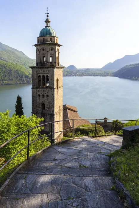Framed Print : View of the bell tower and church of Santa Maria del Sasso church from the trail to
